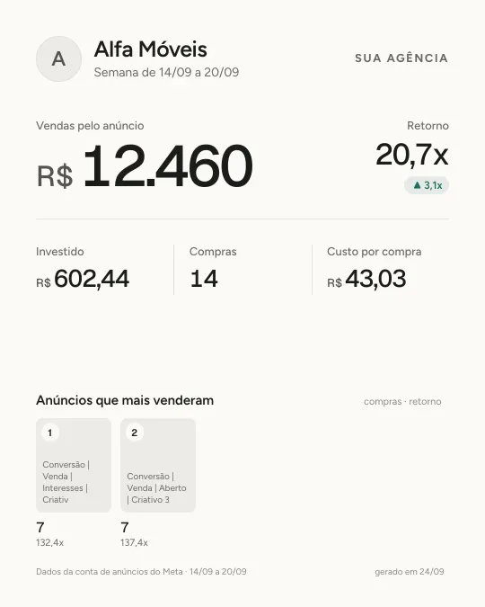 Relatório em imagem para o WhatsApp: vendas, retorno, investido, compras e os anúncios que mais venderam (dados de exemplo)